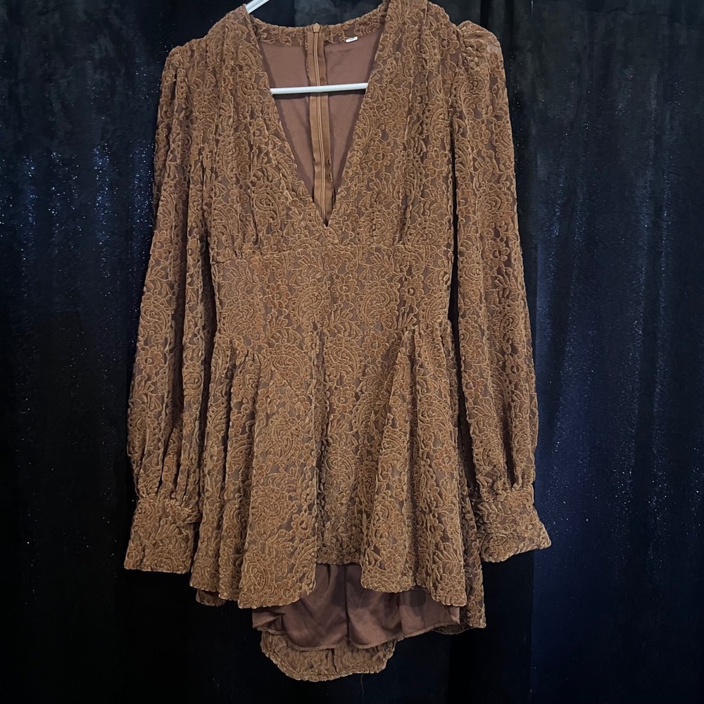 Brown Floral Velvet Lace Long Sleeve Mini Dress V-Neck High Low Hem Small